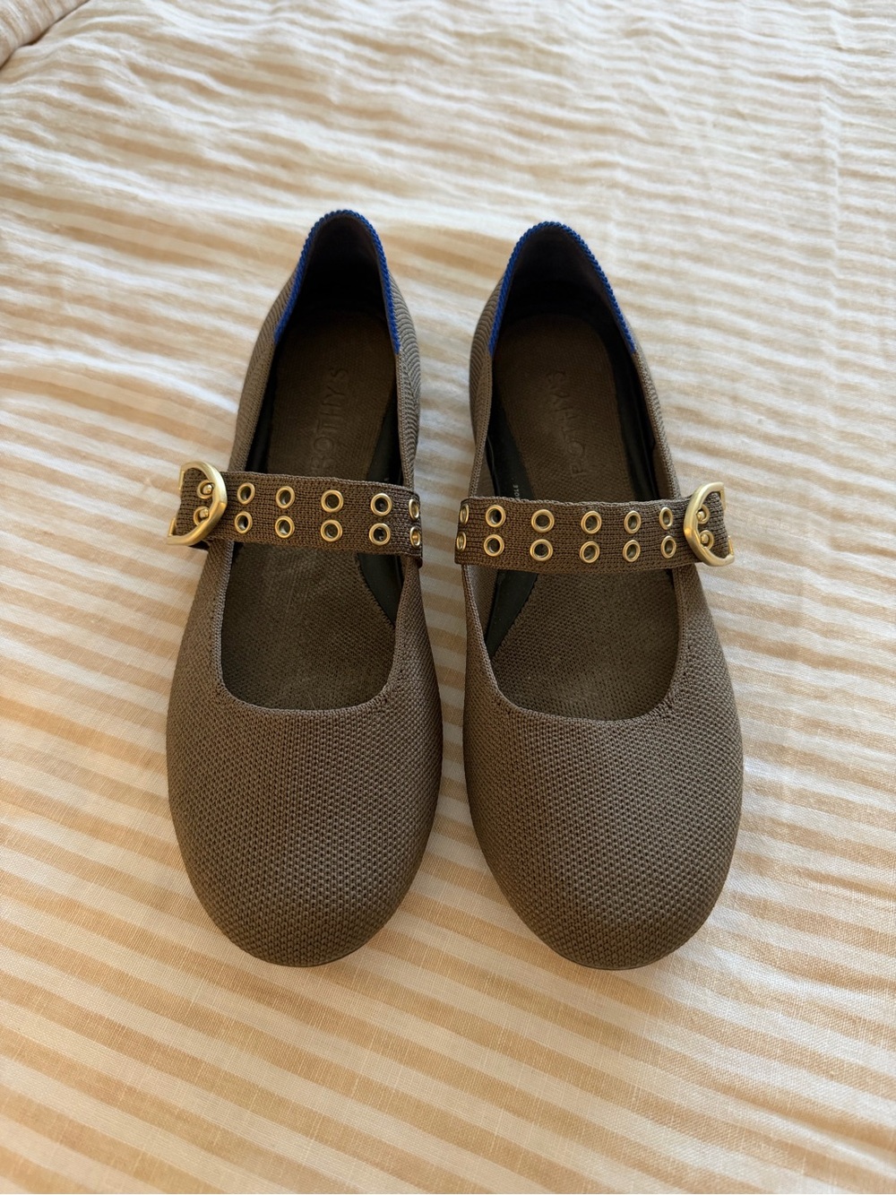 Rothy’s Women's Olive Green Mary Jane Flats with Gold Buckle Strap
